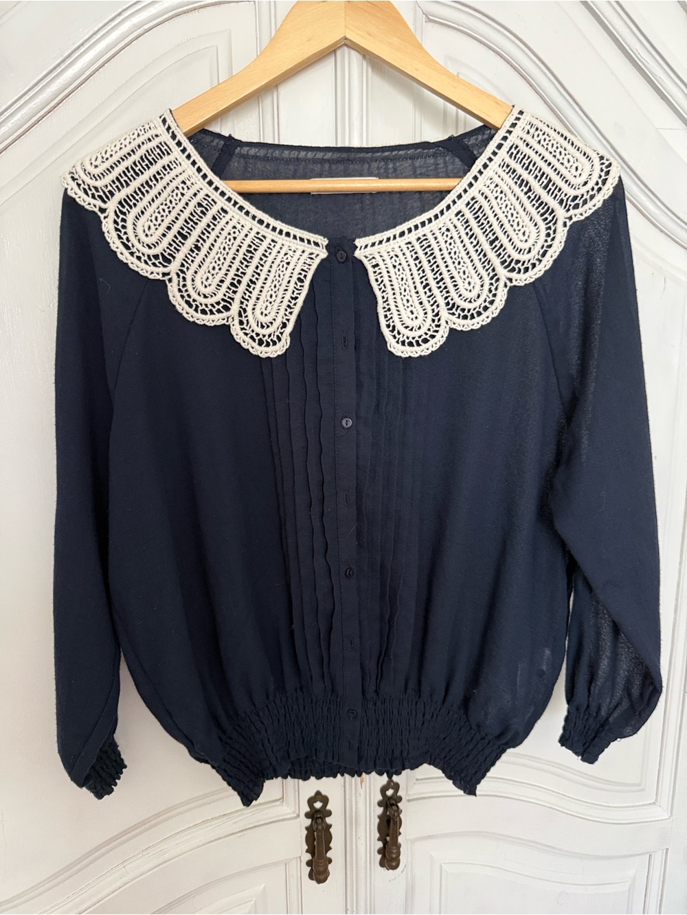Lowrys‎ Farm Navy Sheer Crochet Collar Blouse, Size M - Cottagecore